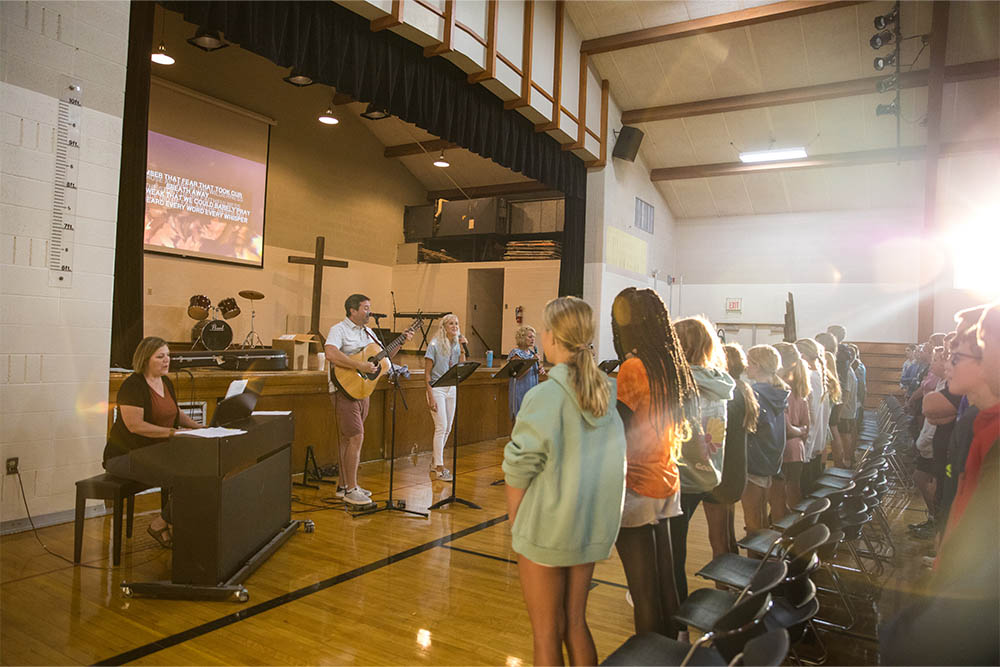 Kids participating in chapel at Hudsonville Christian School in Michigan.